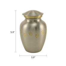 Load image into Gallery viewer, Small/Keepsake Pewter Brass Paw Print Cremation Urn, 40 cubic inches
