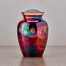 Load image into Gallery viewer, Small/Keepsake Raku Brass Paw Print Heart Cremation Urn, 85 cubic inches
