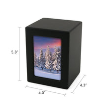 Load image into Gallery viewer, Small/Keepsake Black Wood Funeral Cremation Urn with photo, 40 Cubic Inches
