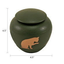 Load image into Gallery viewer, Small/Keepsake Green Brass Silhouette Cat Cremation Urn, 30 cubic inches
