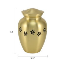 Load image into Gallery viewer, Small/keepsake Gold Brass Paw Print Cremation Urn, 85 cubic inches
