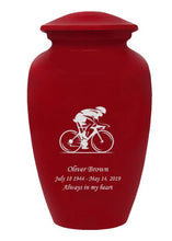 Load image into Gallery viewer, Large/Adult 200 Cubic Inch Custom Engraved Red Metal Bicycle Funeral Cremation Urn
