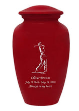Load image into Gallery viewer, Large/Adult 200 Cubic Inch Custom Engraved Red Metal Golfer Funeral Cremation Urn
