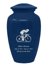 Load image into Gallery viewer, Large/Adult 200 Cubic Inch Custom Engraved Blue Metal Bicycle Funeral Cremation Urn
