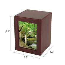 Load image into Gallery viewer, Small/Keepsake Cherry Wood Funeral Cremation Urn with photo, 85 Cubic Inches
