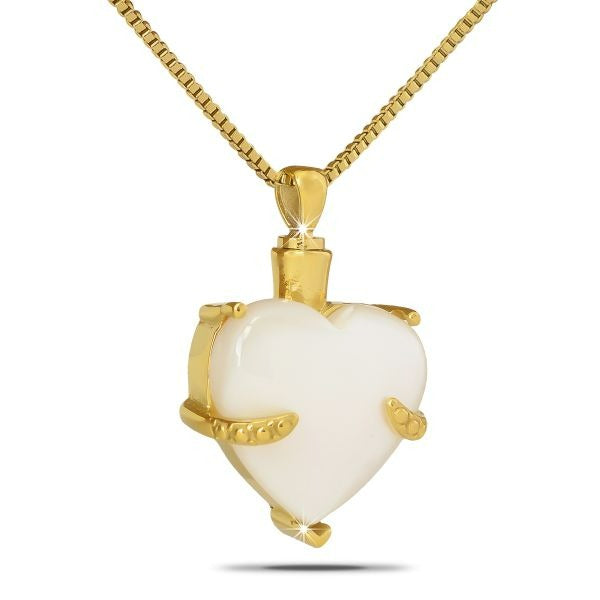 White Crystal Heart Gold Steel Keepsake Pendant/Necklace Funeral Cremation Urn