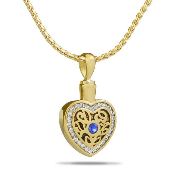 Crystal Heart Gold Steel Pendant/Necklace Funeral Cremation Urn