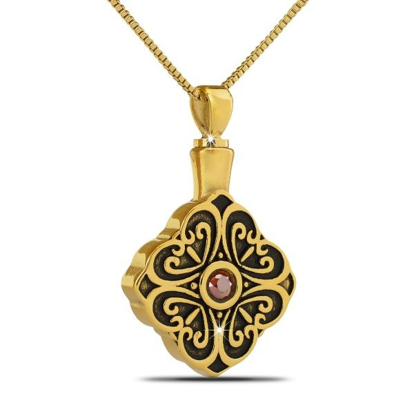 Detailed Red Crystal Gold Pendant/Necklace Funeral Cremation Urn