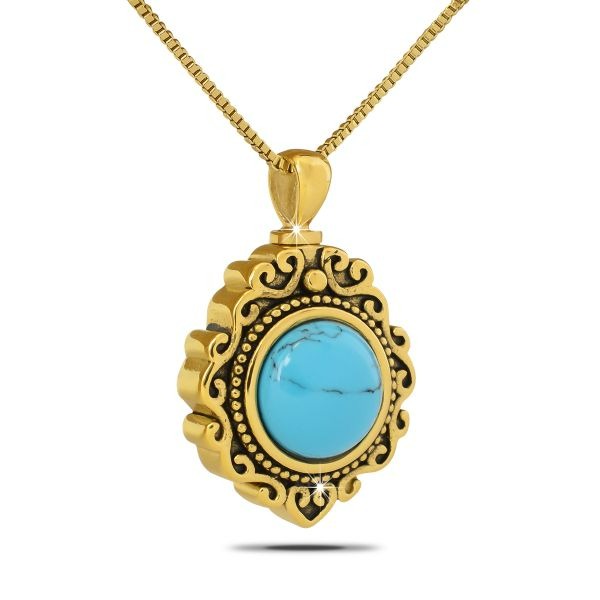 Ancestral Turquoise Gold Steel Keepsake Pendant/Necklace Funeral Cremation Urn