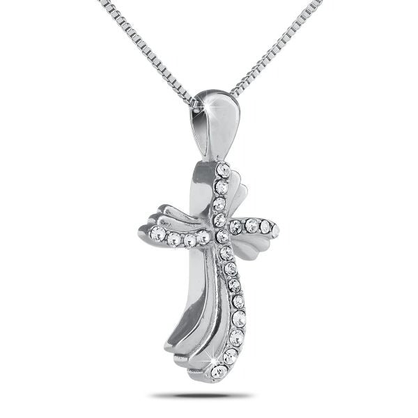 White Stones Cross Silver Pendant/Necklace Funeral Cremation Urn