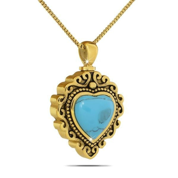 Turquoise Heart Stone Gold Steel Pendant/Necklace Funeral Cremation Urn