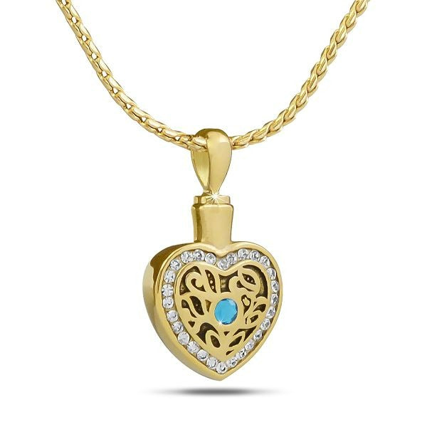 December w/ Blue Topaz Gold Steel Pendant/Necklace Funeral Cremation Urn