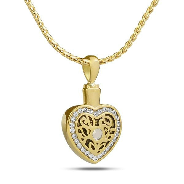 April w/ Zirconia Gold Steel Pendant/Necklace Funeral Cremation Urn