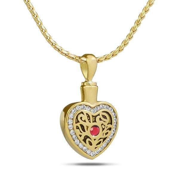 January w/ Garnet Gold Steel Pendant/Necklace Funeral Cremation Urn
