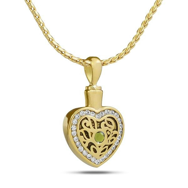 August w/ Peridot Gold Steel Pendant/Necklace Funeral Cremation Urn