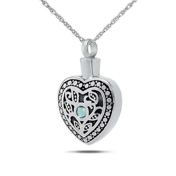 March w/ Aquamarine Sterling Silver Pendant/Necklace Funeral Cremation Urn
