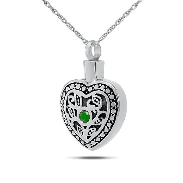 May w/ Emerald Sterling Silver Pendant/Necklace Funeral Cremation Urn