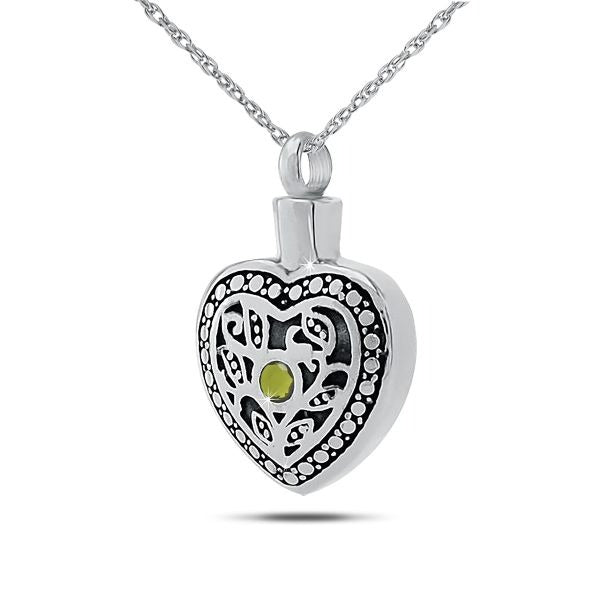 August w/ Peridot Sterling Silver Pendant/Necklace Funeral Cremation Urn