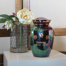 Load image into Gallery viewer, Small/Keepsake Raku Brass Paw Print Heart Cremation Urn, 85 cubic inches
