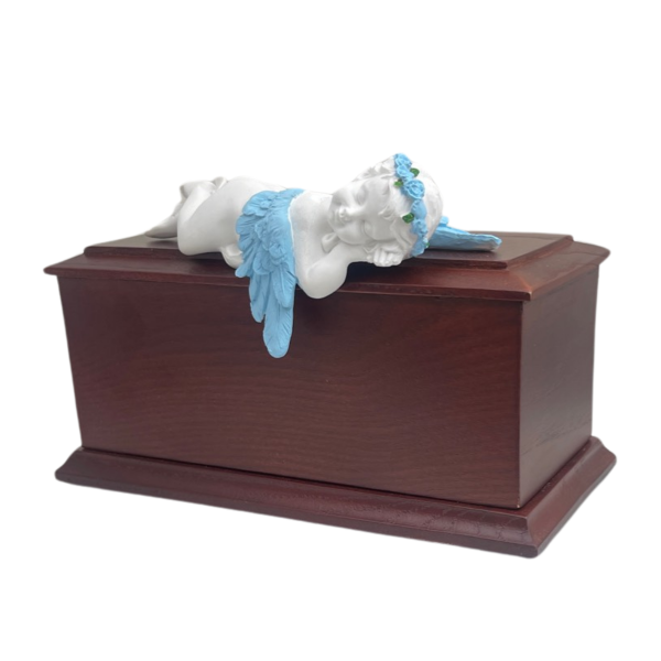 Small/Keepsake 80 Cubic Inch Blue Resting Angel Wood Cremation Urn for Ashes