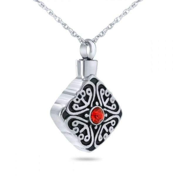 Detailed Red Crystal Silver Pendant/Necklace Funeral Cremation Urn