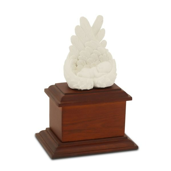 Small/Keepsake 8 Cubic Inch White Heavens Care Infant Cremation Urn w/Brown Base