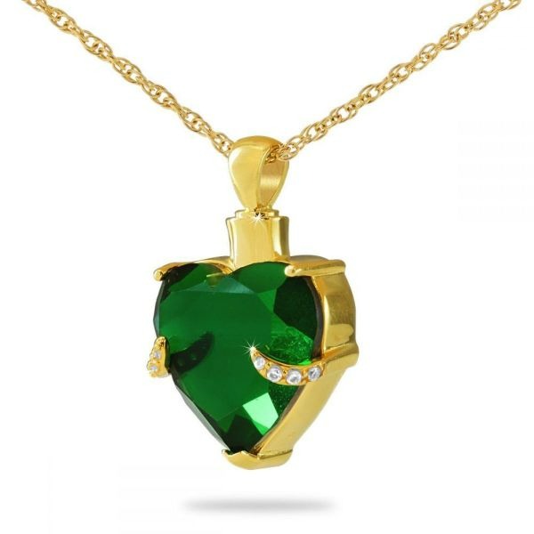 Green Crystal Heart Gold Steel Pendant/Necklace Funeral Cremation Urn