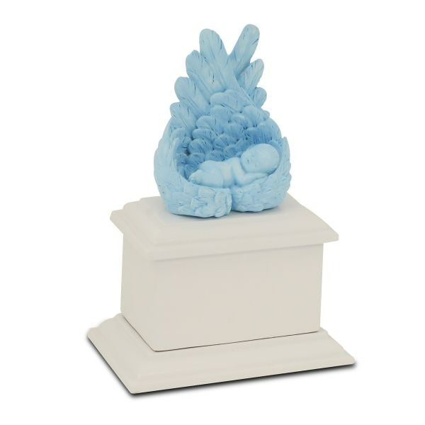 Small/Keepsake 8 Cubic Inch Blue Heaven's Care Infant Cremation Urn w/White Base