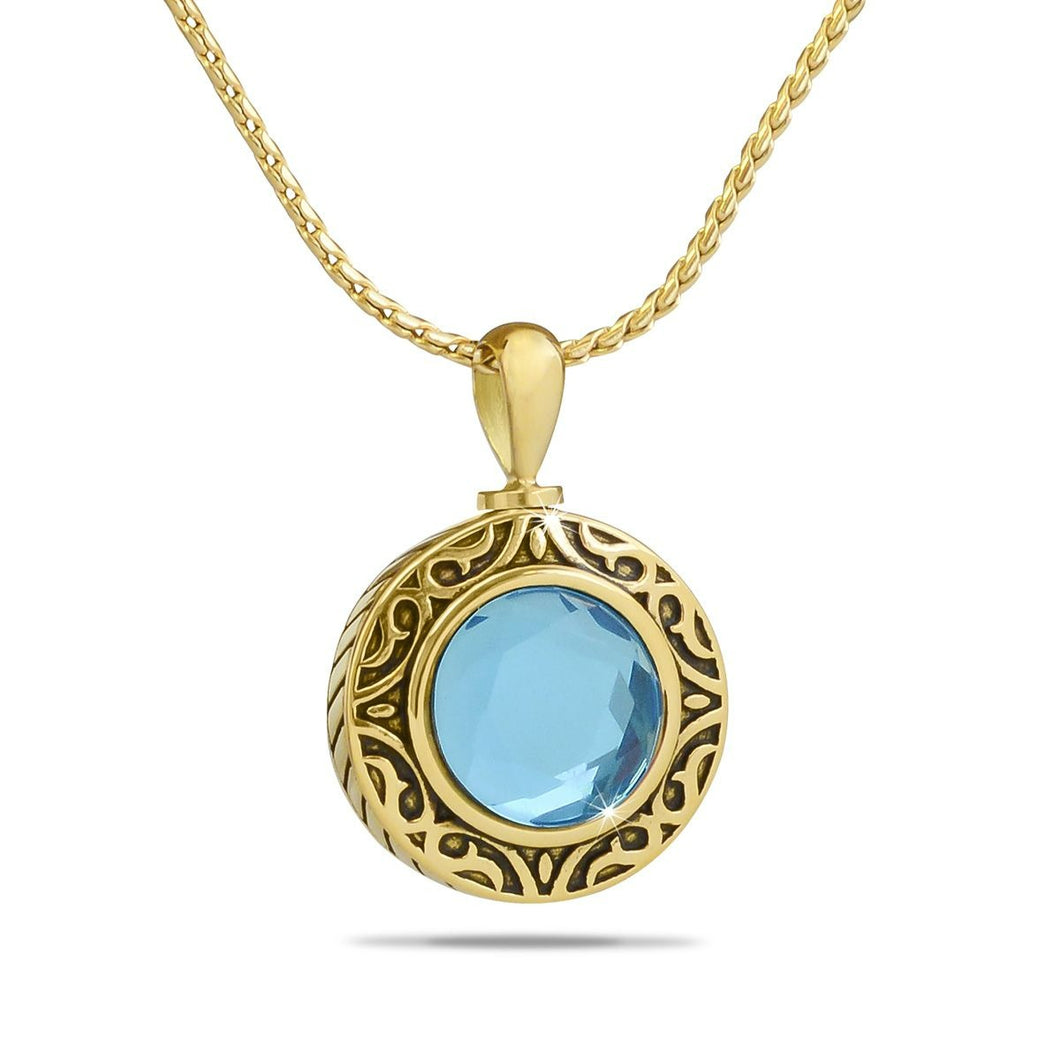 December Light Blue Gold Steel Keepsake Pendant/Necklace Funeral Cremation Urn