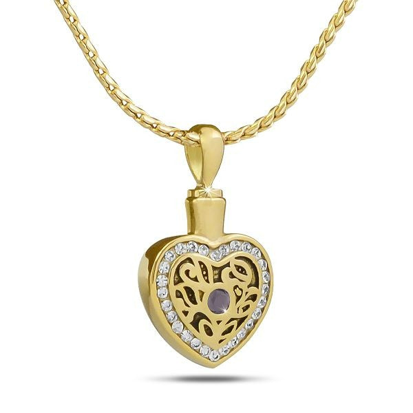 February w/ Amethyst Gold Steel Pendant/Necklace Funeral Cremation Urn