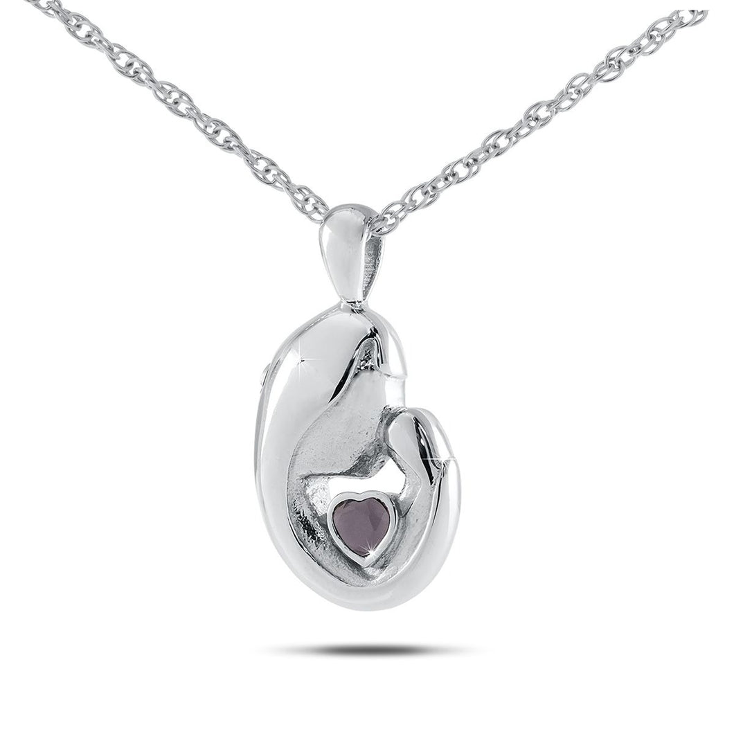 Mother's Love February w/ Amethyst Silver Pendant/Necklace Cremation Urn for Ashes