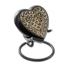 Load image into Gallery viewer, Small/Keepsake Black Etched Heart Brass Funeral Cremation Urn for Ashes
