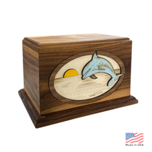 Load image into Gallery viewer, Large/Adult 210 Cubic Inches 3D Dolphin in the Sunset Wood Funeral Cremation Urn for Ashes
