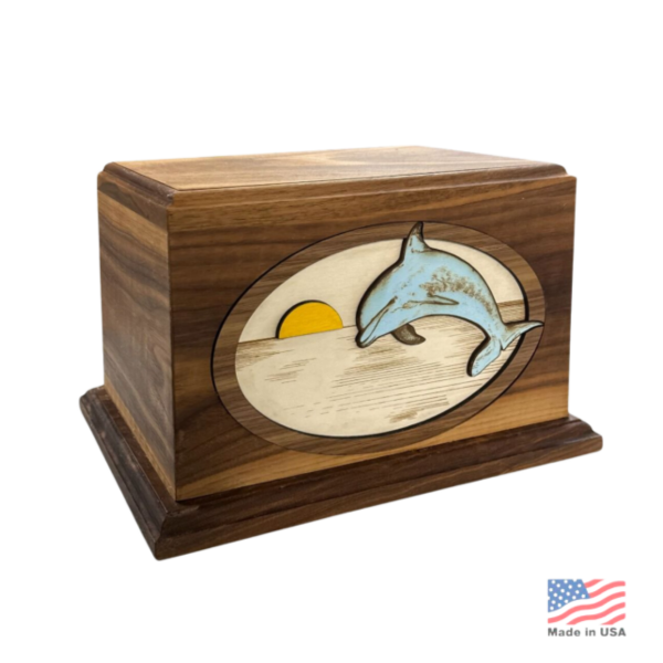 Large/Adult 210 Cubic Inches 3D Dolphin in the Sunset Wood Funeral Cremation Urn for Ashes