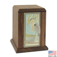 Load image into Gallery viewer, Large/Adult 220 Cubic Inches Blue Heron Tile Wood Funeral Cremation Urn for Ashes
