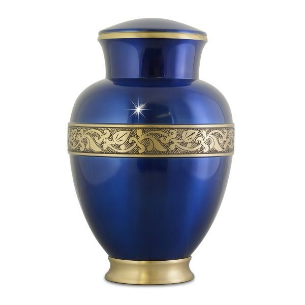 Large/Adult 220 Cubic Inch Leaf Blue Brass Funeral Cremation Urn for Ashes