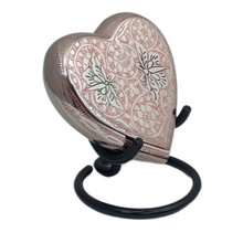 Load image into Gallery viewer, Small/Keepsake 3 Cubic Inch Pink Butterflies Heart on Stand Brass Cremation Urn
