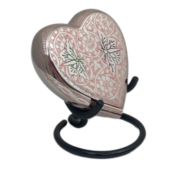 Small/Keepsake 3 Cubic Inch Pink Butterflies Heart on Stand Brass Cremation Urn