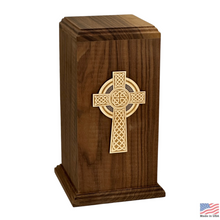 Load image into Gallery viewer, Large/Adult 220 Cubic Inches Celtic Cross Walnut Funeral Cremation Urn for Ashes
