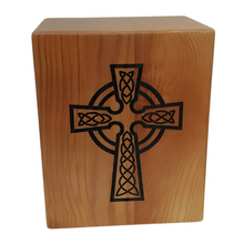 Load image into Gallery viewer, Large/Adult 240 Cubic Inches Celtic Cross Wood Funeral Cremation Urn for Ashes

