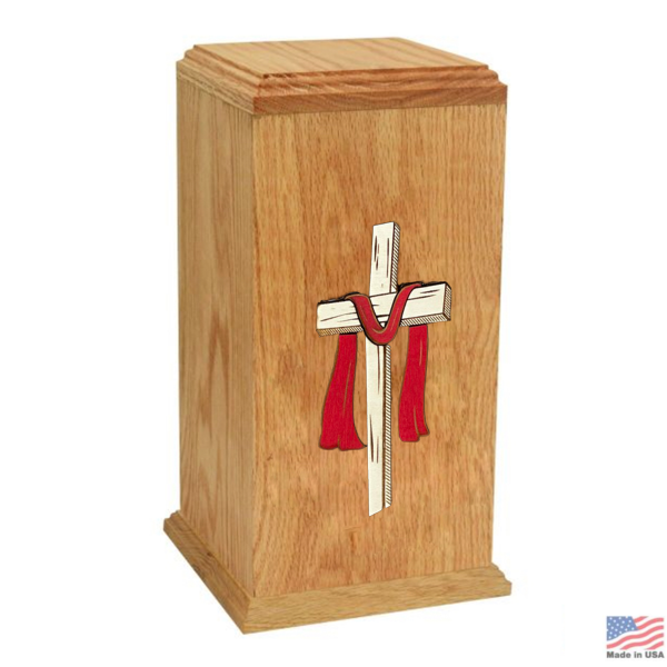 Large/Adult 220 Cubic Inches Cross of Faith Oak Wood Funeral Cremation Urn for Ashes