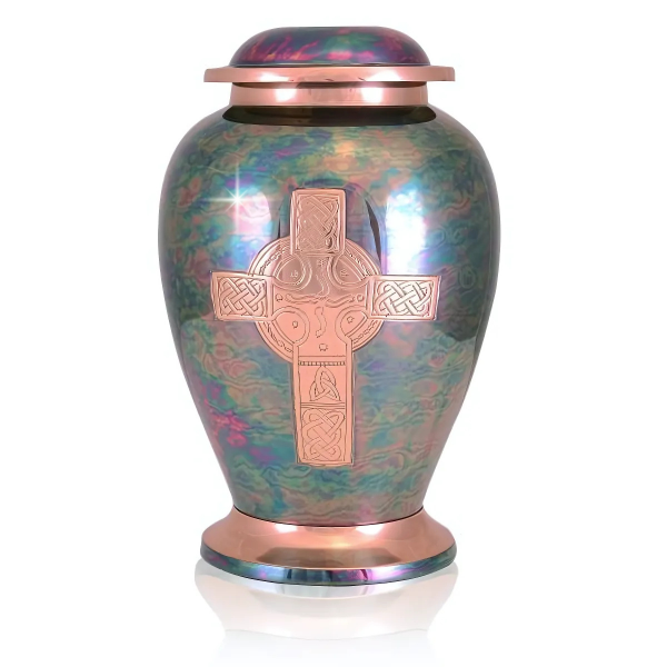 Large/Adult 220 Cu. In. Gleaming Celtic Cross Raku Brass Cremation Urn For Ashes