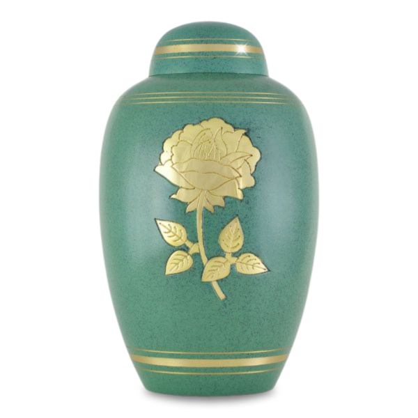 Large/Adult 228 Cubic Ins Green Celtic Golden Rose Brass Cremation Urn  for Ashes