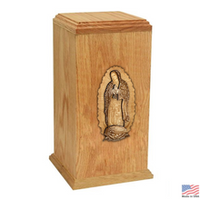 Load image into Gallery viewer, Large/Adult 210 Cubic Inches Lady of Guadalupe Oak Wood Funeral Cremation Urn for Ashes
