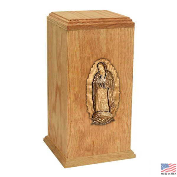 Large/Adult 210 Cubic Inches Lady of Guadalupe Oak Wood Funeral Cremation Urn for Ashes