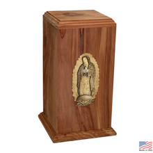 Load image into Gallery viewer, Large/Adult 220 Cubic Inches Lady of Guadalupe Cedar Wood Funeral Cremation Urn for Ashes
