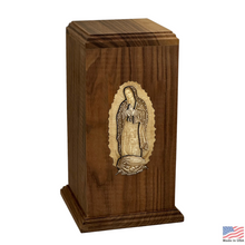 Load image into Gallery viewer, Large/Adult 210 Cubic Inches Lady of Guadalupe Walnut Wood Funeral Cremation Urn for Ashes
