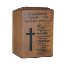 Load image into Gallery viewer, Large/Adult 250 Cubic Ins Cross &amp; Serenity Prayer Wood Cremation Urn for Ashes
