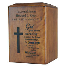 Load image into Gallery viewer, Large/Adult 250 Cubic Ins Cross &amp; Serenity Prayer Wood Cremation Urn for Ashes
