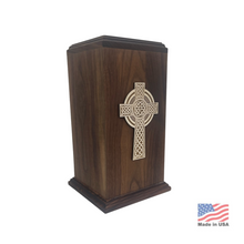 Load image into Gallery viewer, Large/Adult 220 Cubic Inches Celtic Cross Walnut Funeral Cremation Urn for Ashes
